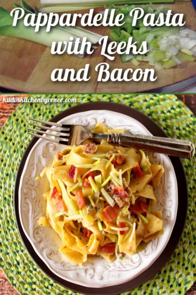A title text collage image of easy pappardelle pasta recipe on a white plate with chopped leeks, bacon, and black pepper.