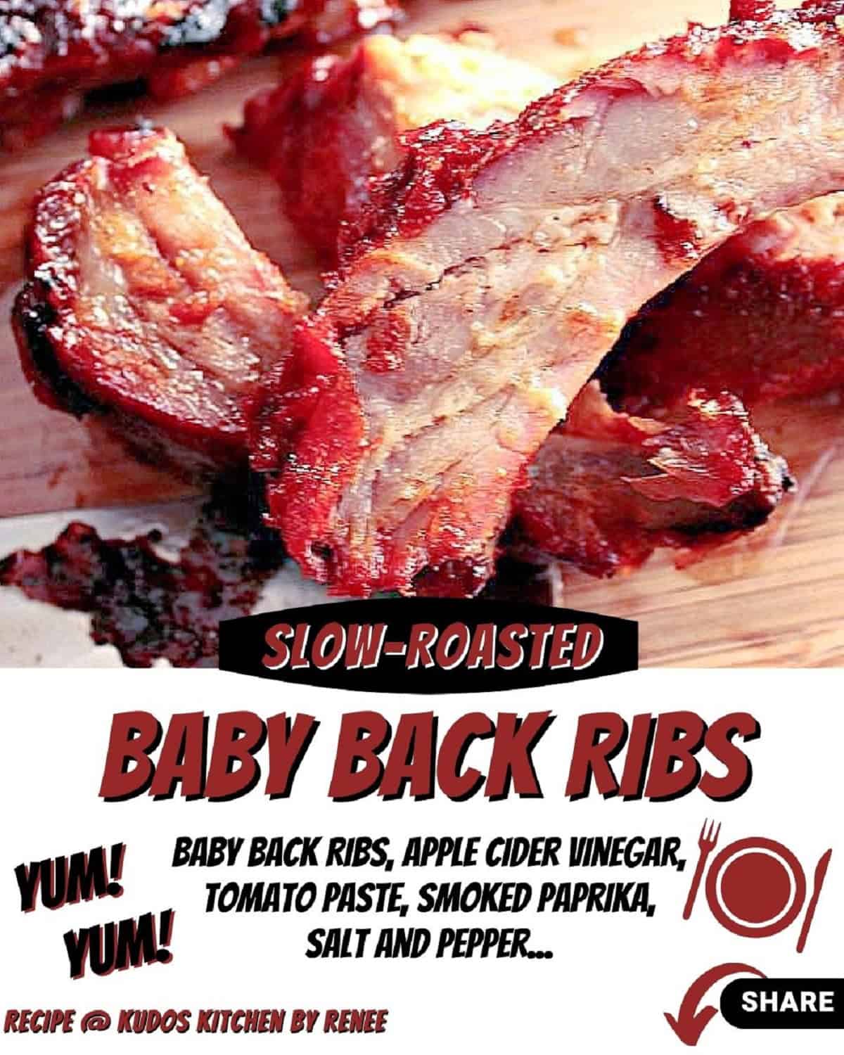 A fun graphic image for slow roasted baby back ribs along with a title text.