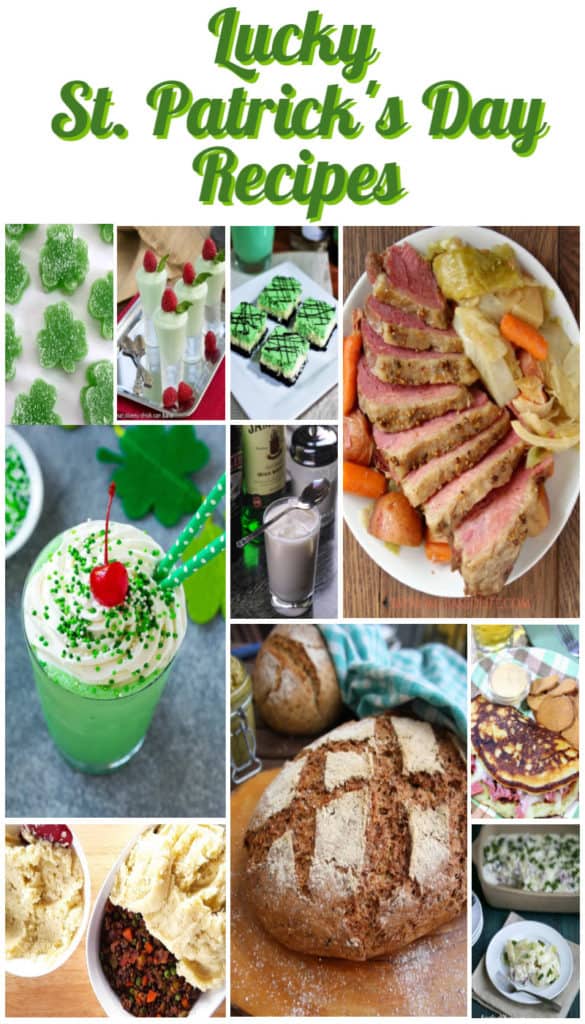 Vertical title text collage images for lucky St. Patrick's day recipe roundup.