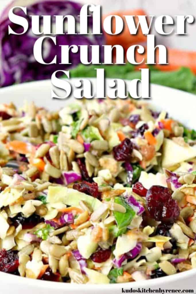 Vertical closeup title text image of colorful sunflower crunch copycat chopped salad.