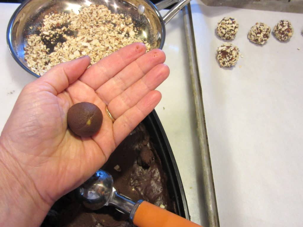 A round chocolate truffle in a hand.