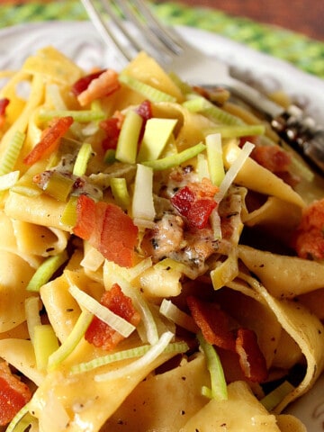A plateful of Papparedelle with Leeks and Bacon.