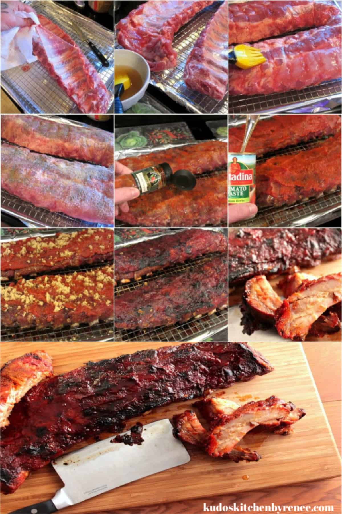 A collage of how to make slow roasted baby back ribs.