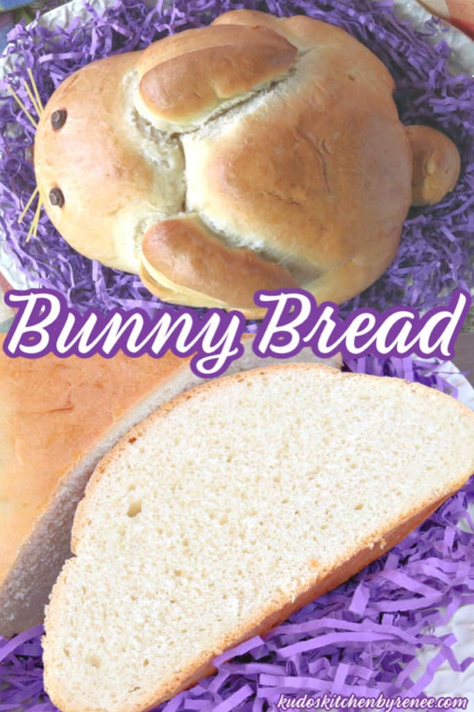 Overhead collage image of an entire German bunny bread and a slice of bunny bread.