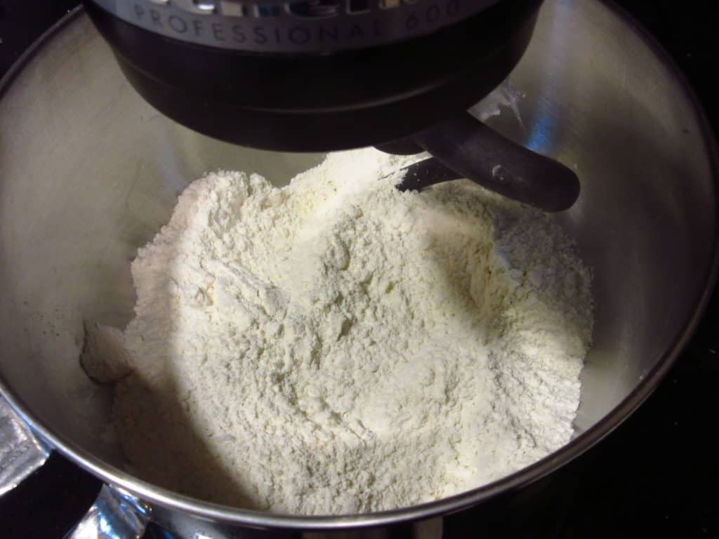 Flour in a mixing bowl.