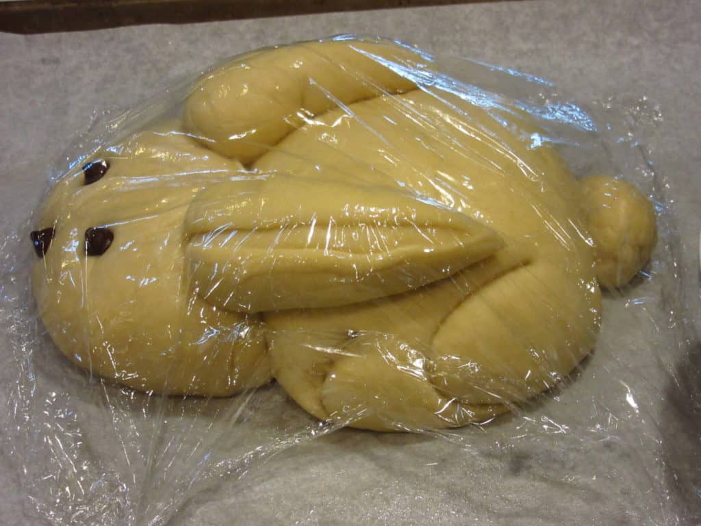 Side view of bunny bread covered with plastic.