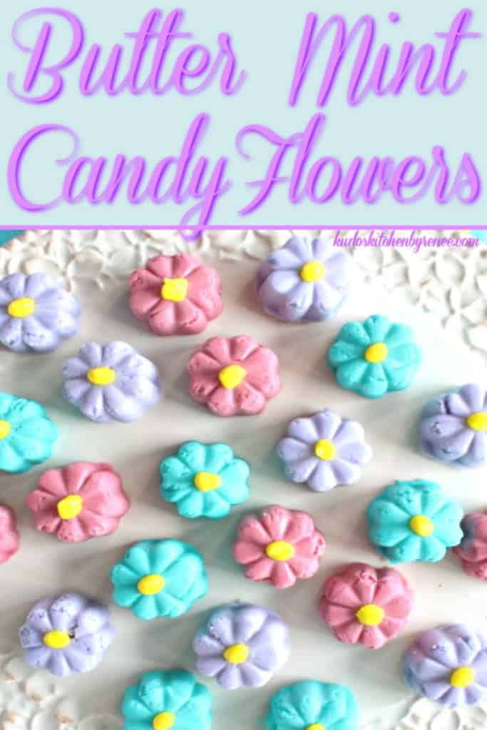 A vertical closeup overhead photo of colorful butter mint candy flowers with title text font.