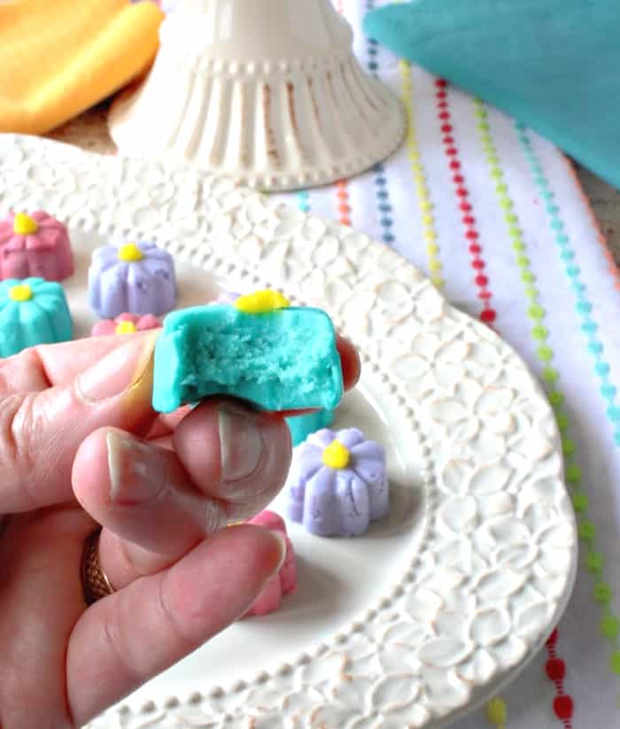 A closeup vertical photo of a hand holding a butter mint flower candy with a bite taken.