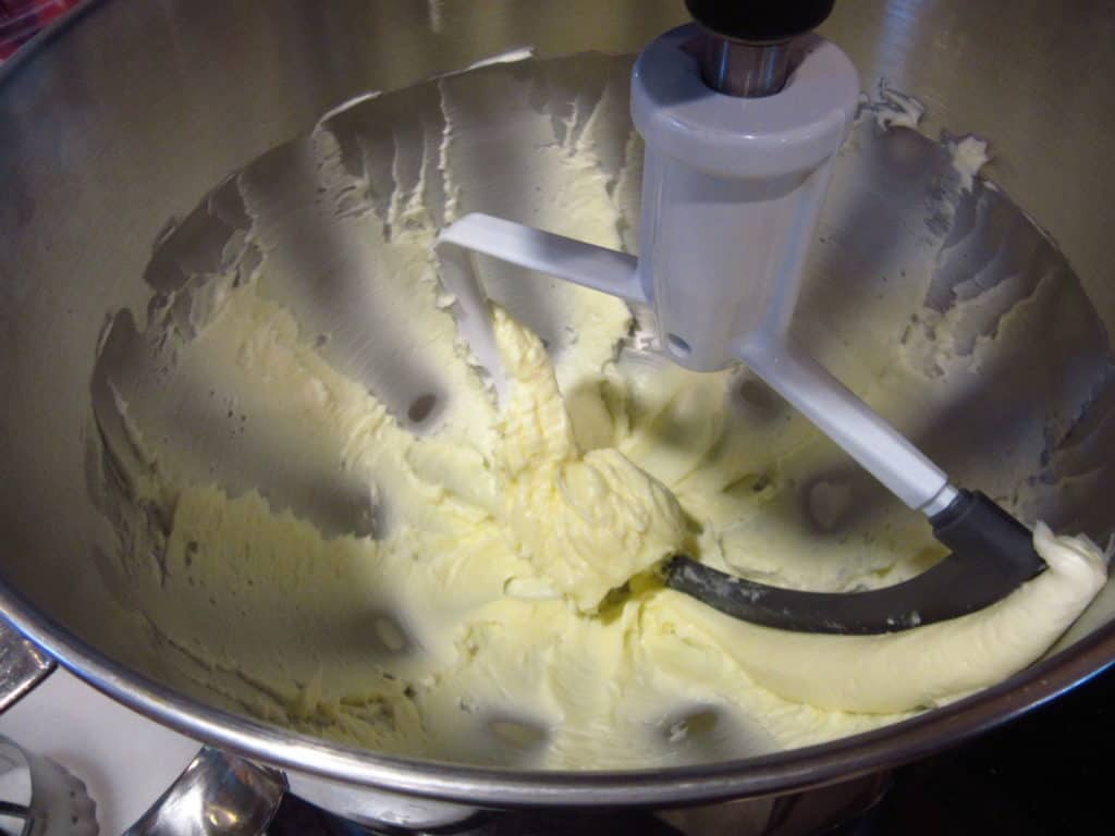 Creaming butter in a stand mixer.