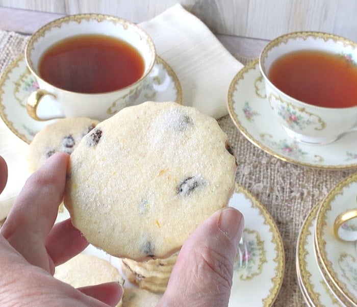 A closeup photo of a hand holding a sugared English orange cardamom biscuit with currants.