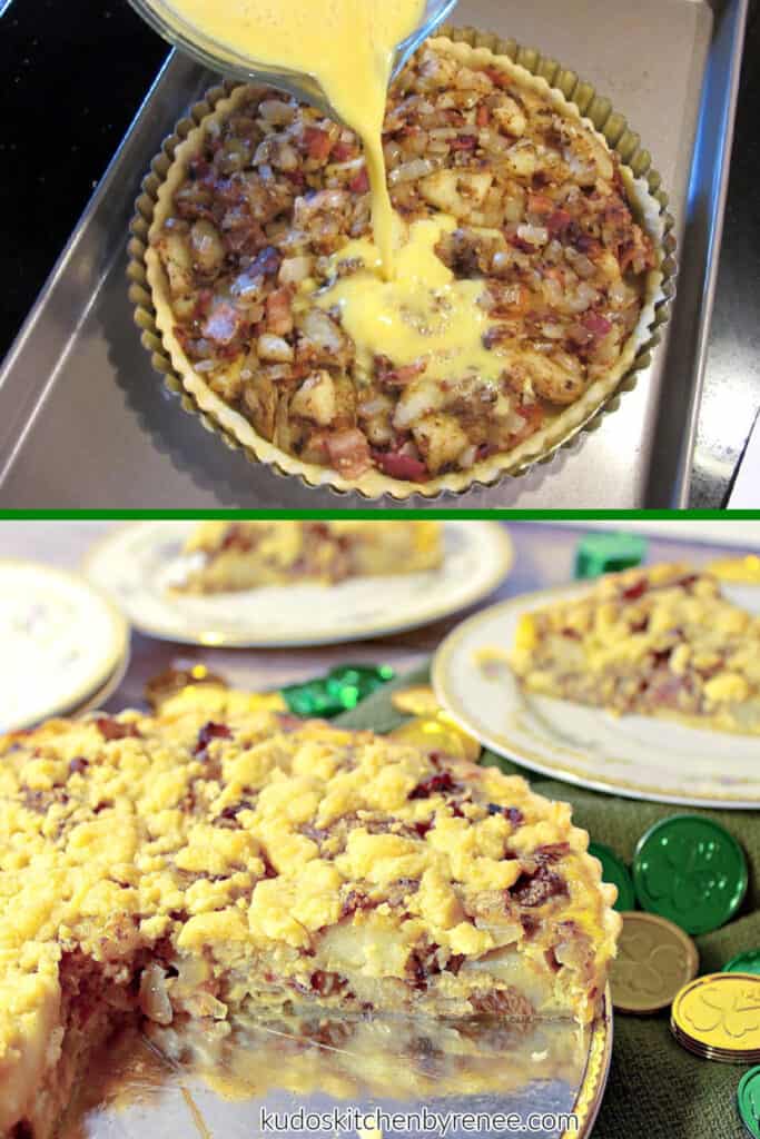 A vertical photo collage of how to make an Irish Cheese and Potato Tart with a process shot and a finished shot.