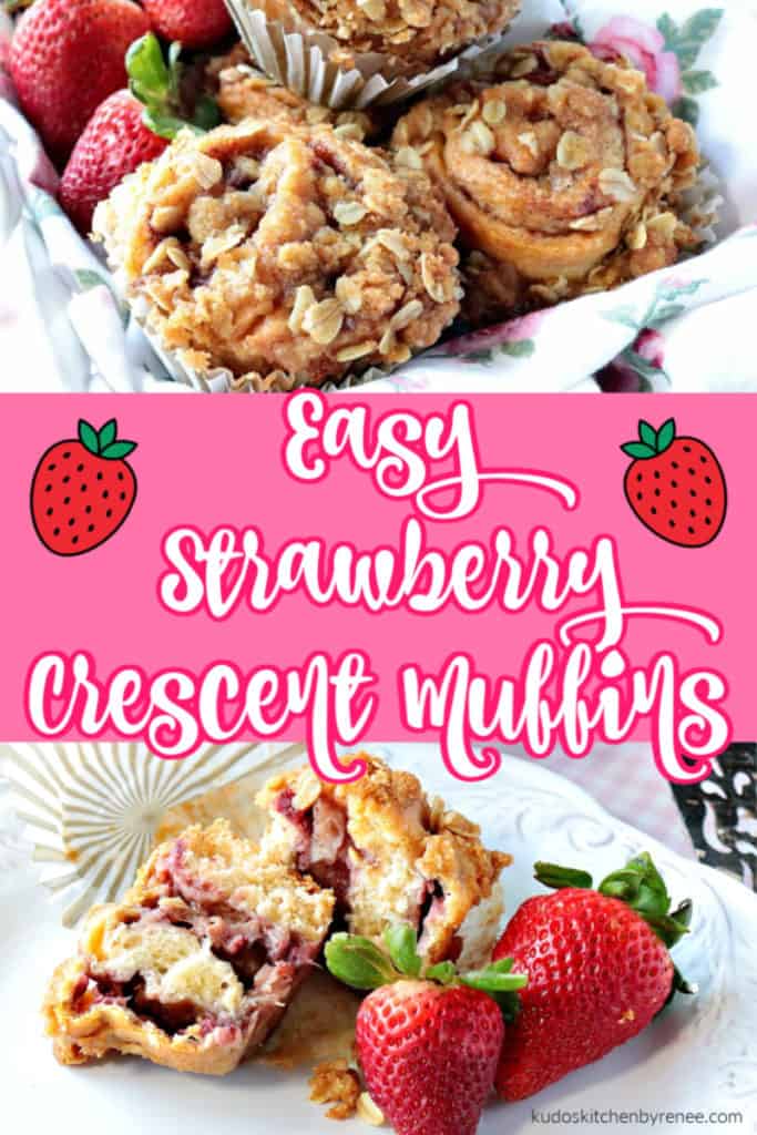 Delicious strawberry crescent muffins collage with title text and fresh strawberries.