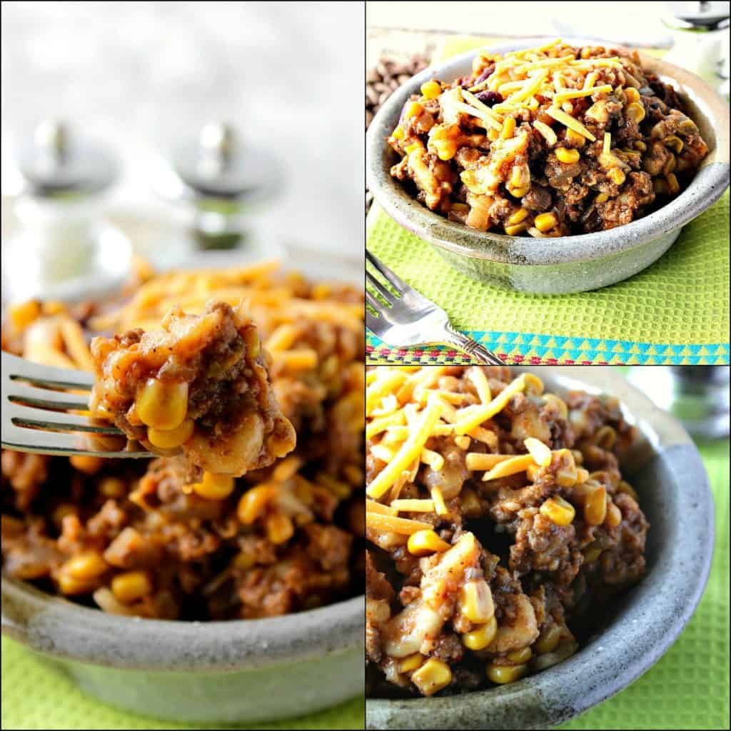 Collage image of budget-friendly slow cooker chili mac recipe with ground beef, elbow macaroni, corn, and cheese.