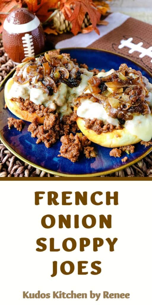 A Pinterest pin for French Onion Sloppy Joes along with a title text.