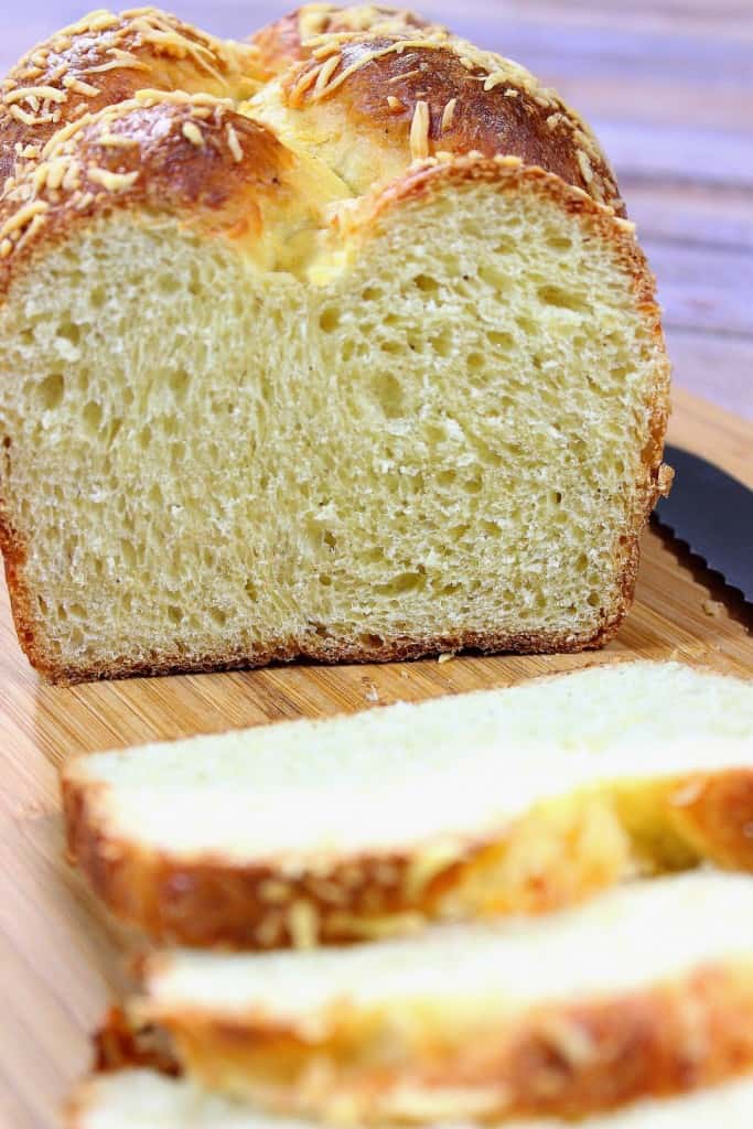 Closeup vertical image of the interior crumb and texture of an Italian Easter cheese bread