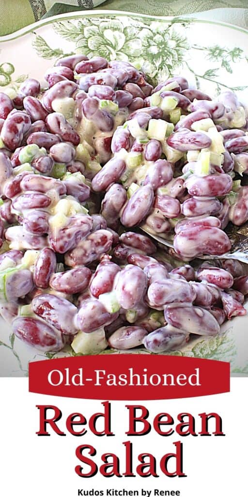 A vertical closeup along with a title text overlay graphic for Old-Fashioned Red Bean Salad.