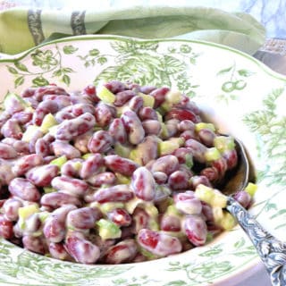 A bowl filled with old-fashioned red bean salad with a serving spoon