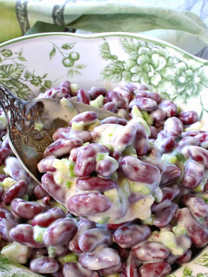 Vertical closeup image of red bean salad on a serving spoon.