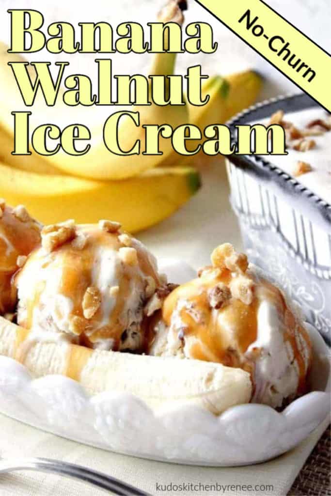 A closeup photo of scoops of banana walnut ice cream in a dish with caramel sauce and walnuts for garnish.