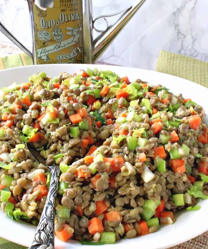 A large bowl of French lentil salad. BBQ side dish recipes roundup