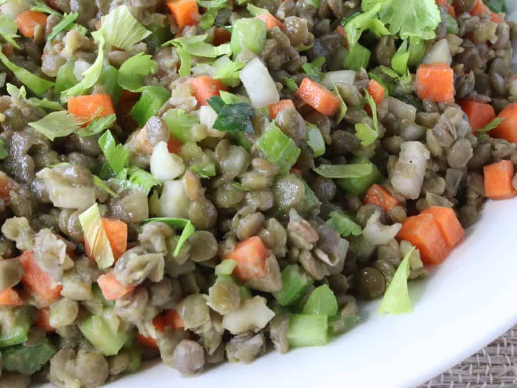 Closeup image of lentil salad in a bowl with carrots, celery, shallots, and celery leaves.