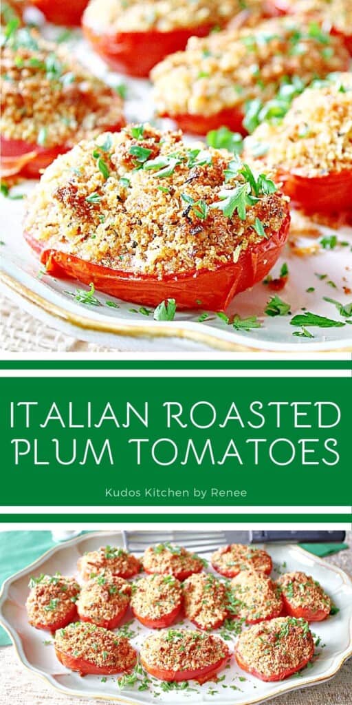 A Pinterest collage for Roasted Plum Tomatoes along with a title text.