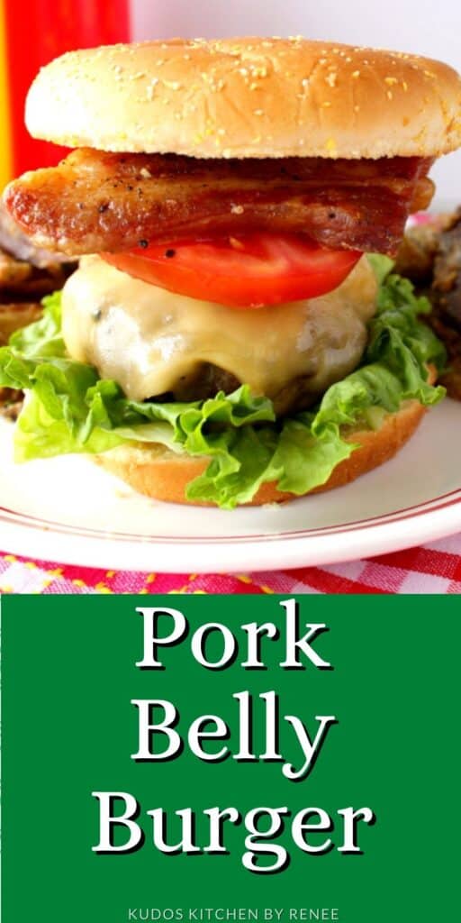 Vertical closeup of a Pork Belly Burger along with a title text overlay graphic