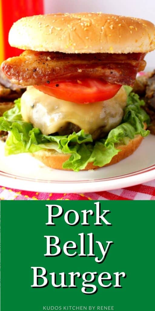Vertical closeup of a Pork Belly Burger along with a title text overlay graphic