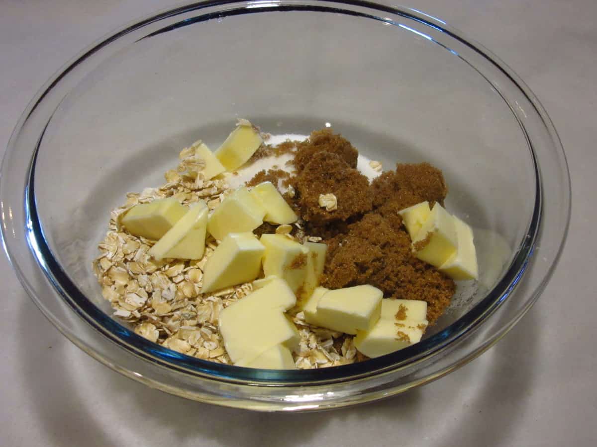 Ingredients in a bowl for making a streusel topping.