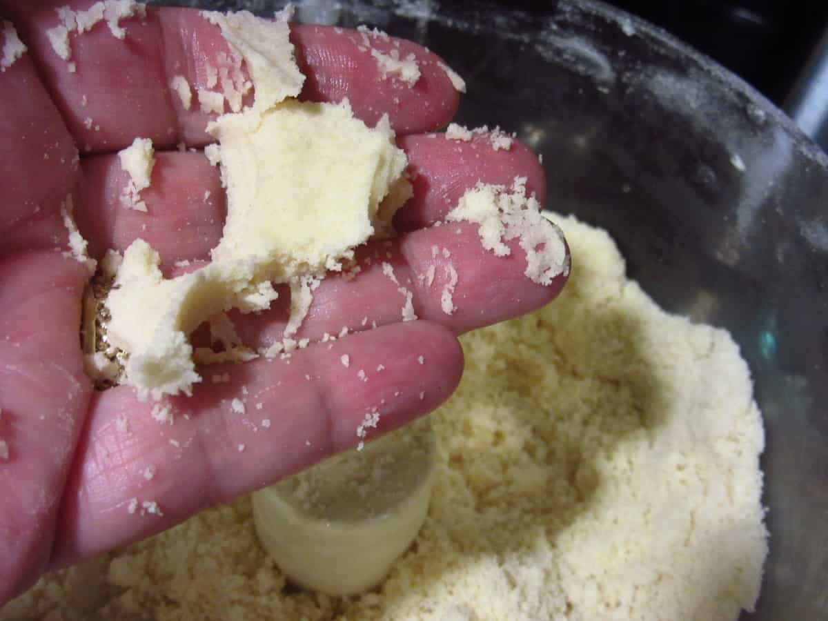 A hand holding pie dough crumbles ready to be made into pie crust.