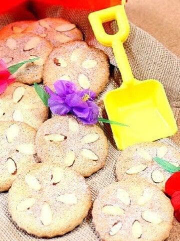 A bunch of Sand Dollar Cookies Spilling out of a plastic pail with a shovel and some flowers.