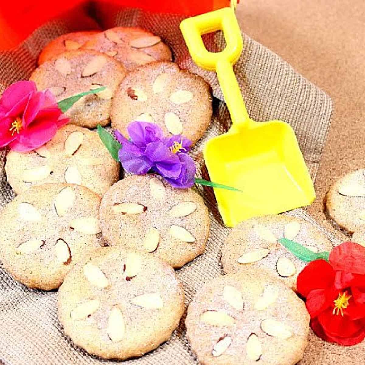 A bunch of Sand Dollar Cookies Spilling out of a plastic pail with a shovel and some flowers.
