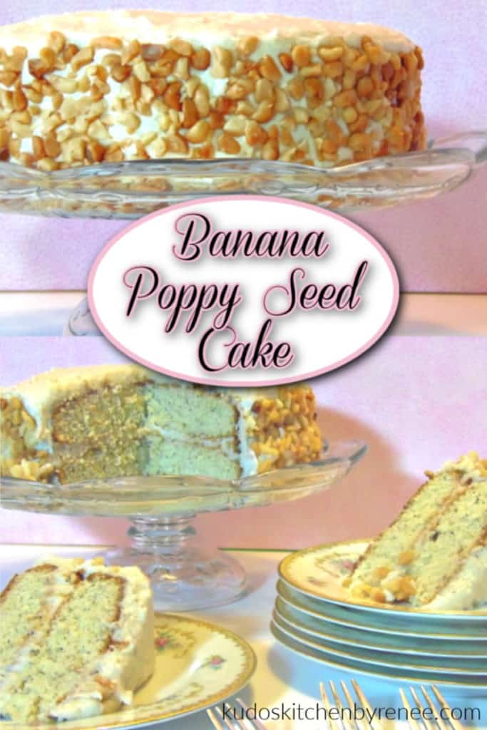 A photo collage of a banana poppy seed cake with a title text overlay graphic