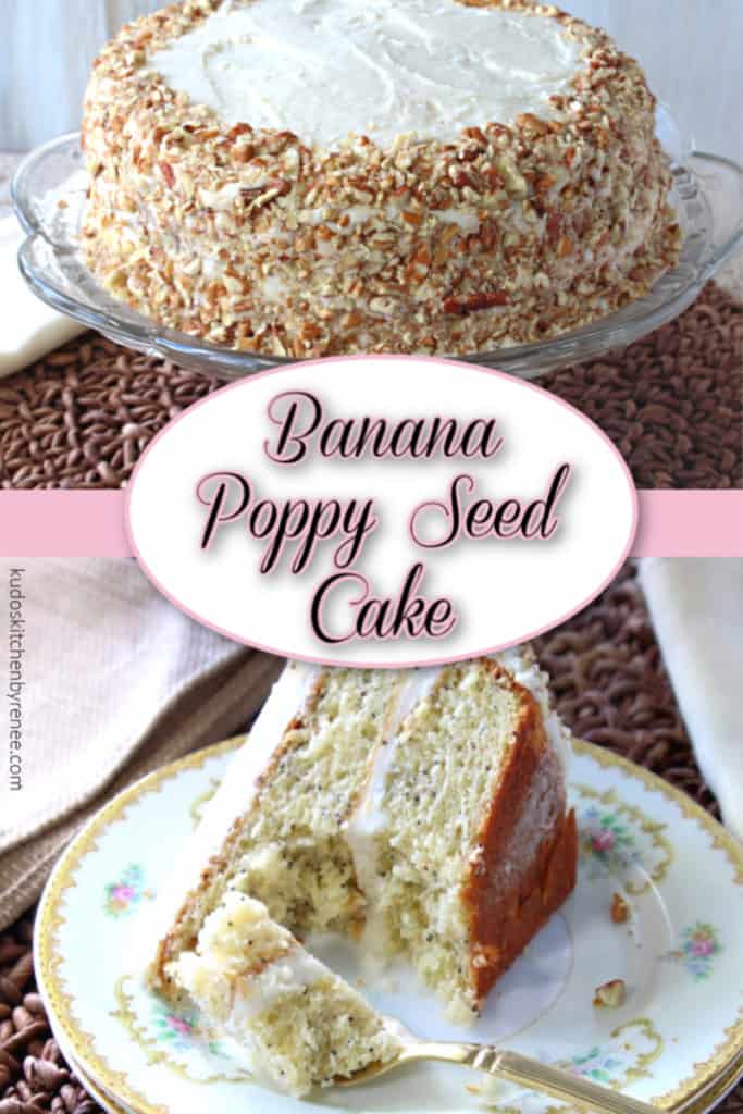 A vertical title text overlay collage image of banana poppy seed cake with banana buttercream frosting