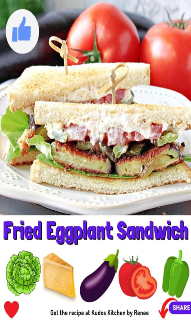A closeup of a Fried Eggplant Sandwich with a cute title text overlay graphic with ingredient list icons.