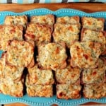 An overhead photo of Parmesan Onion Appetizer Squares on a blue plate.