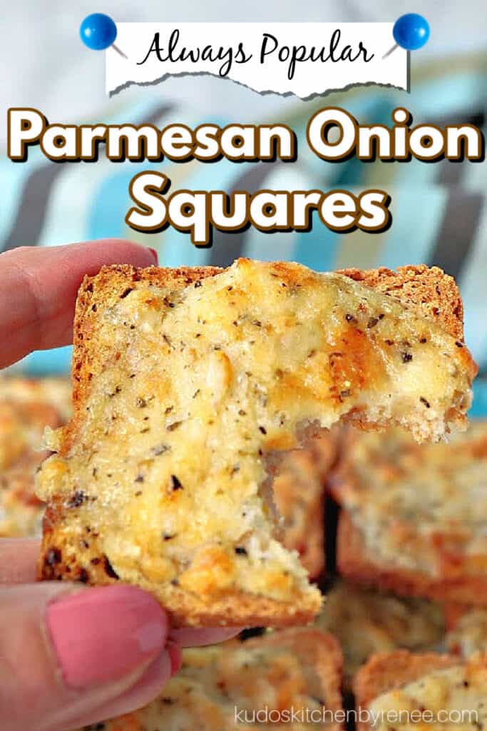 A vertical closeup image of a Parmesan Onion Square with a bite taken out and a title text overlay graphic