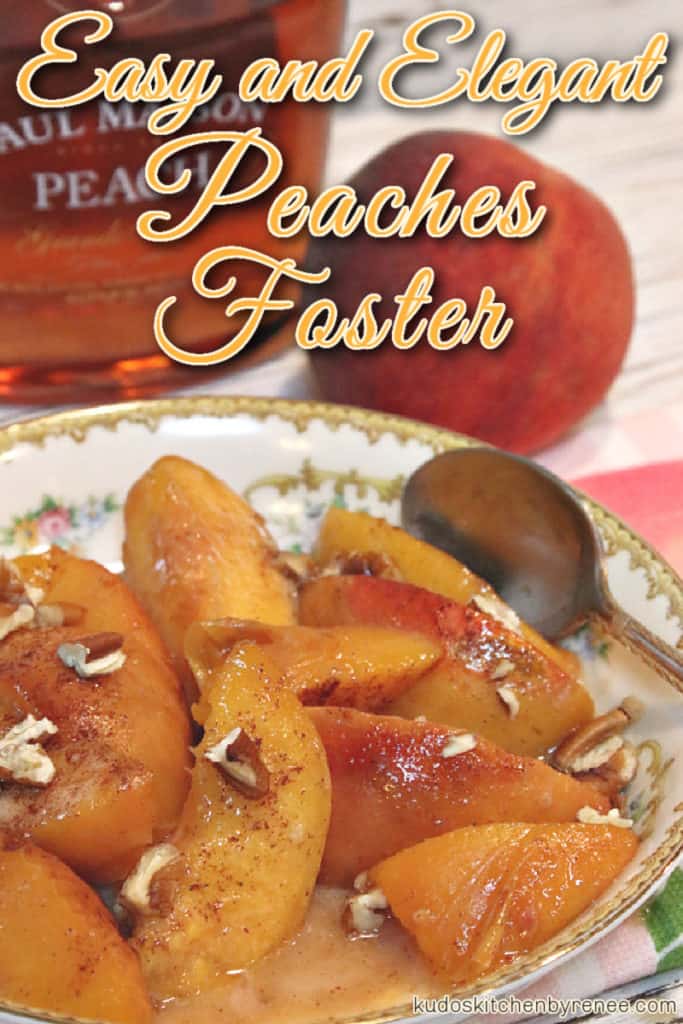 A closeup vertical photo of a bowl of peaches foster with chopped pecans and a spoon with title text overlay graphic.