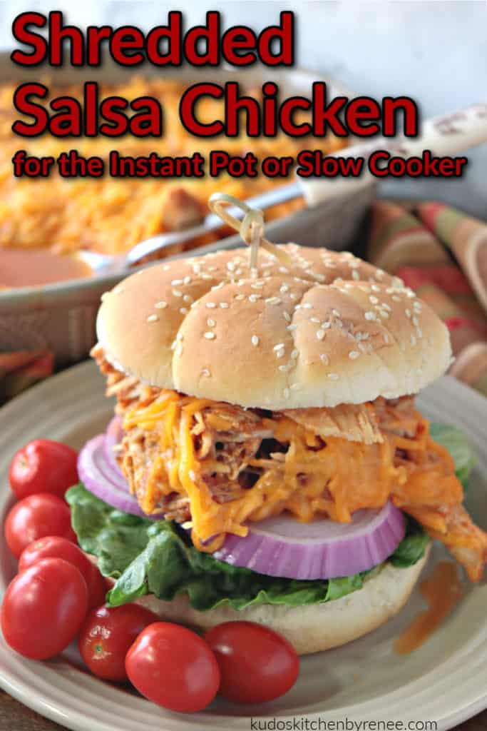 A vertical closeup image of a shredded salsa chicken sandwich on a bun with a title text overlay graphic in red and black
