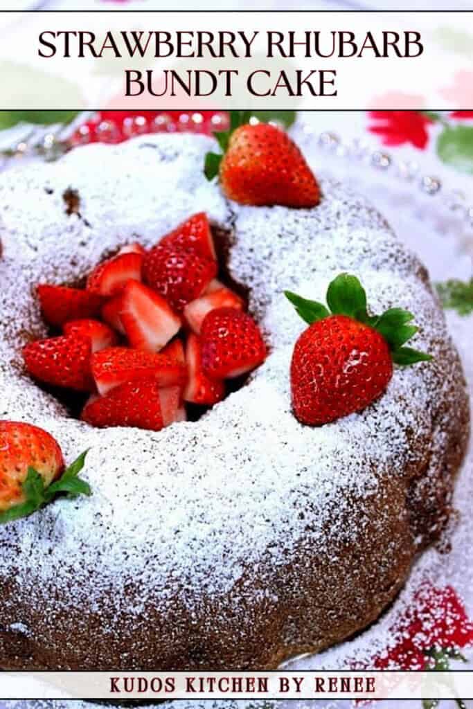 A Pinterest pin for a Strawberry Rhubarb Bundt Cake with a title text.