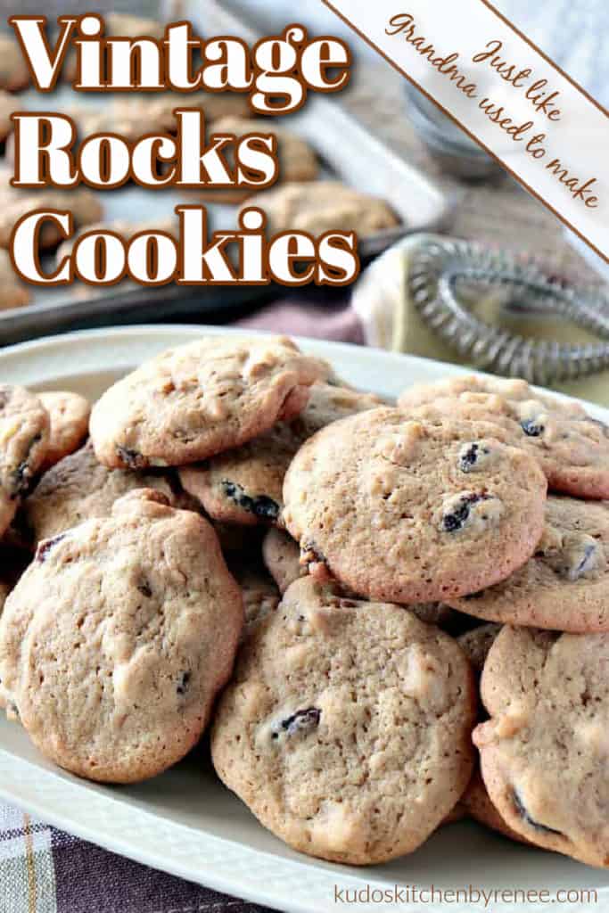 A vertical closeup photo of a pile of vintage rocks cookies on a plate with a title text overlay graphic