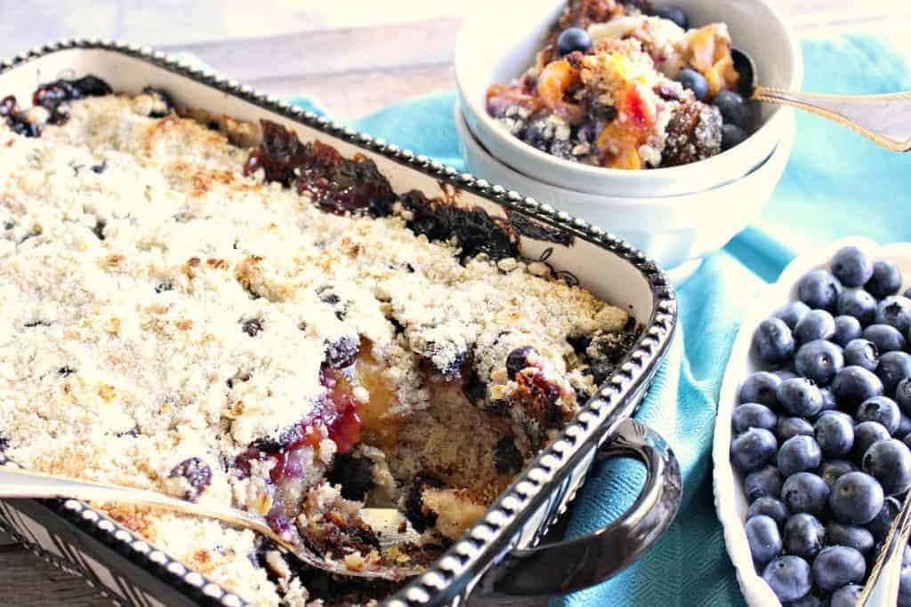 A 9 x 13 baking dish filled with peach and blueberry crisp