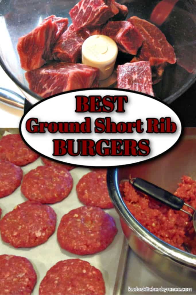 A photo collage of how to make ground short rib burgers with title test overlay graphic.