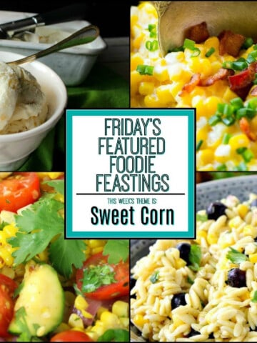 A four image collage for Sweet Corn Recipe Roundup featuring sweet corn recipes.