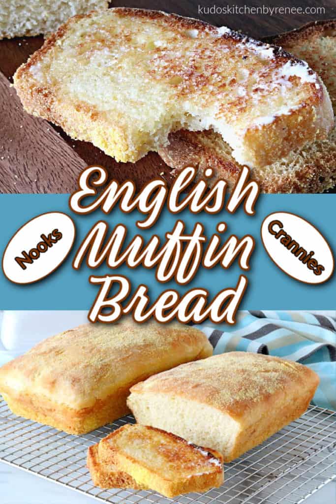 A vertical English Muffin Bread photo collage with a title text overlay graphic in blue and brlwon