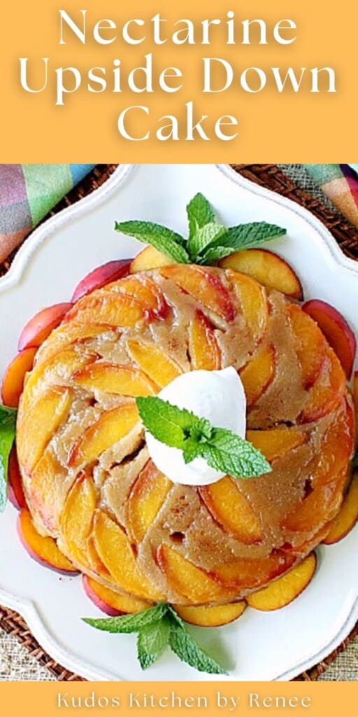A Pinterest pin image for Nectarine Upside Down Cake with a title text.
