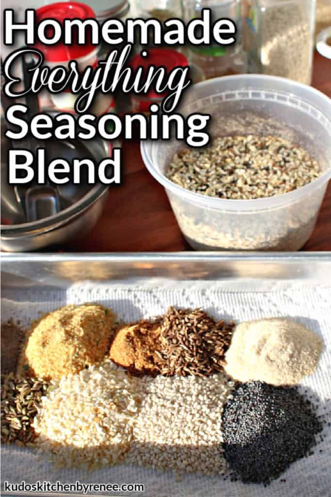 A vertical closeup image of homemade everything seasoning blend on a tray with a plastic container of the blend in the background along with a title text graphic overlay