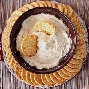 Roasted Vampire Dip in a round brown bowl with crackers all around.