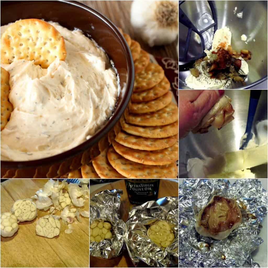 A full photo collage of roasted garlic dip with step by step image instructions to make the recipe.