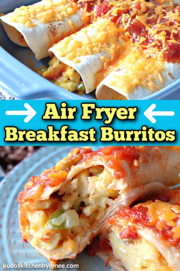 A vertical collage image of air fryer breakfast burritos with a title text overlay graphic